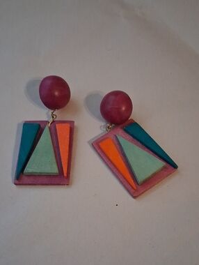 Vintage Bold Geometric Multicolor Wood Statement Pierced Drop Earrings
